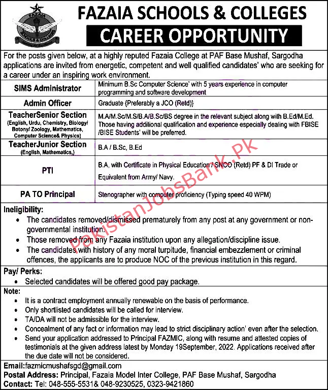 Latest Jobs Pakistan New – Fazaia Inter College Sargodha 2022 Jobs Punjab
