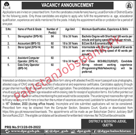 Latest Govt New Jobs in Pakistan Today – District & Session Judge Quetta Jobs 2022
