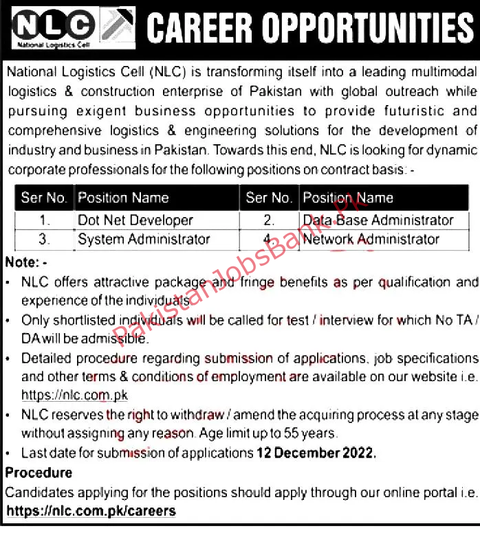 Govt Jobs in Pakistan Latest – National Logistics Cell NLC Jobs 2022