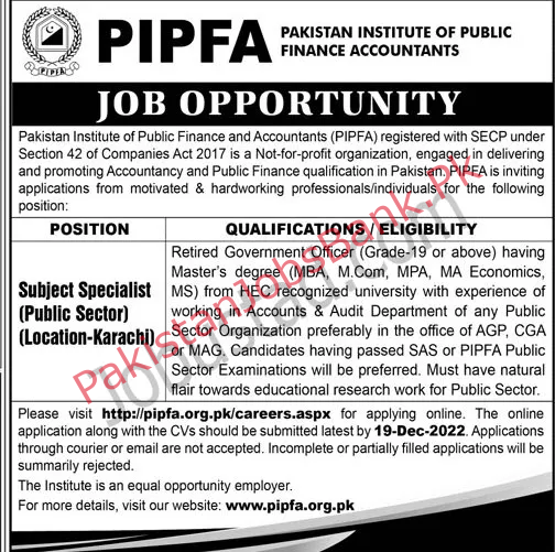 Government Jobs in Pakistan – Pakistan Institute of Public Finance Accountants PIPFA Jobs 2022