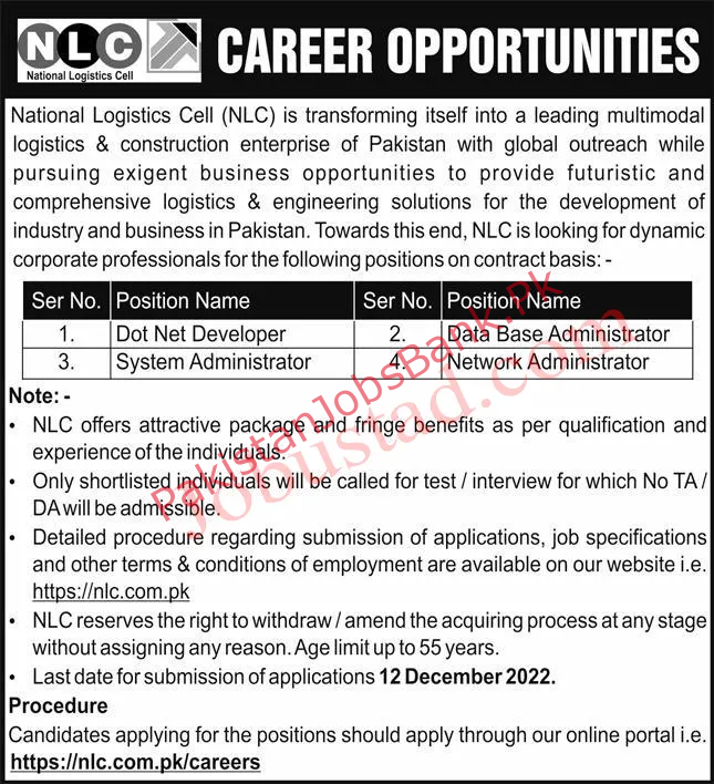 Govt Jobs in Pakistan – National Logistic Cell NLC Jobs 2022