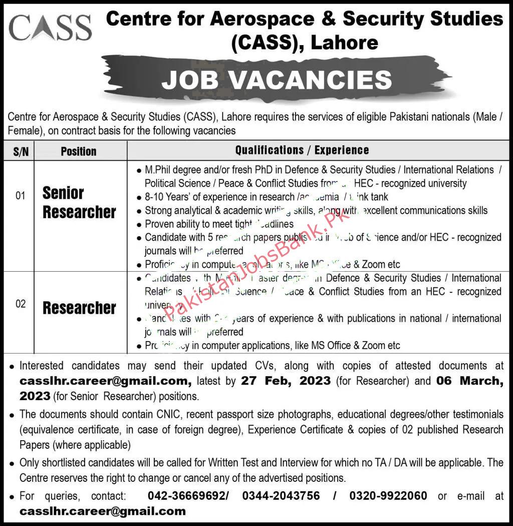 New Latest Govt Jobs - Centre for Aerospace And Security Studies CASS Jobs 2023 - Lahore Jobs