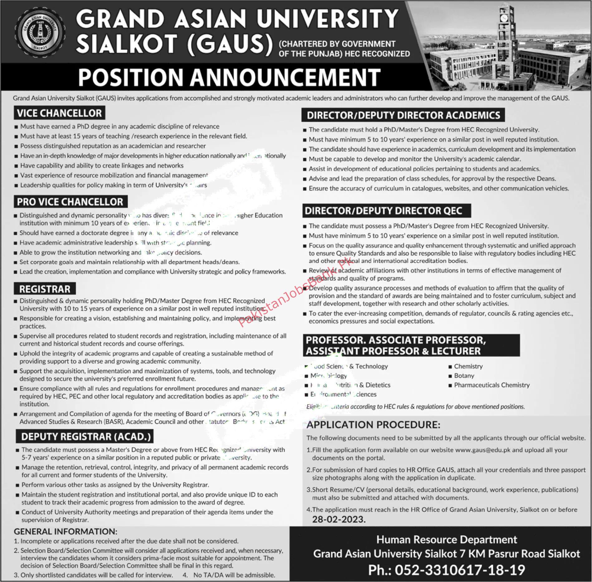 Govt Jobs Pakistan 2023 - Grand Asian University Jobs 2023 - Sialkot Jobs