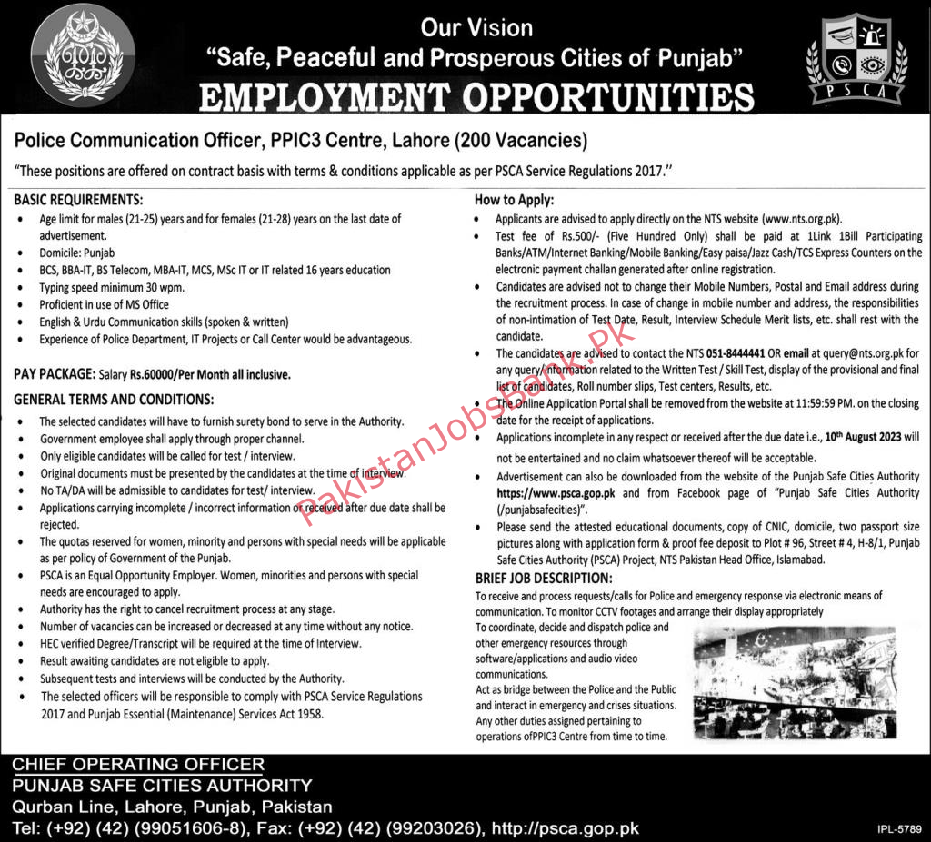 Government Jobs in Pakistan Today Online Apply – New Govt Punjab Safe Cities Authority PSC Jobs 2023 Latest – Pakistan Jobs Bank