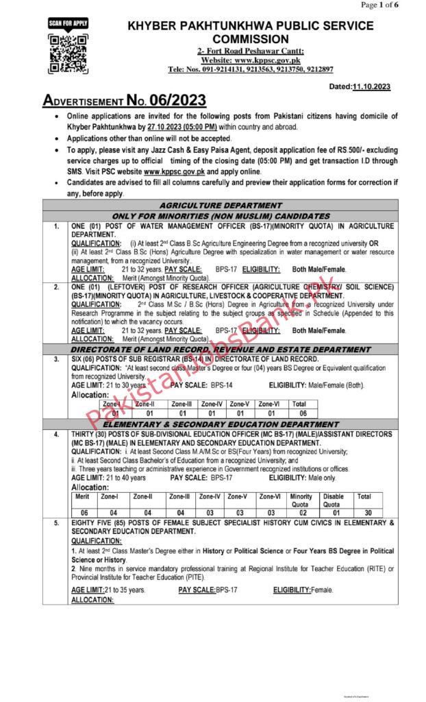 KPPSC Jobs 2023 – Khyber Pakhtunkhwa Public Service Commission Jobs 2023  – Advertisement No. 06/2023