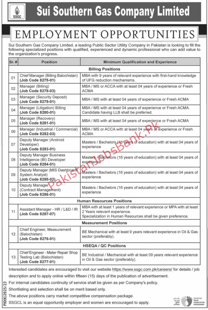 Sui Gas Jobs 2024 | Sui Southern (SSGC) via Pakistanjobsbank