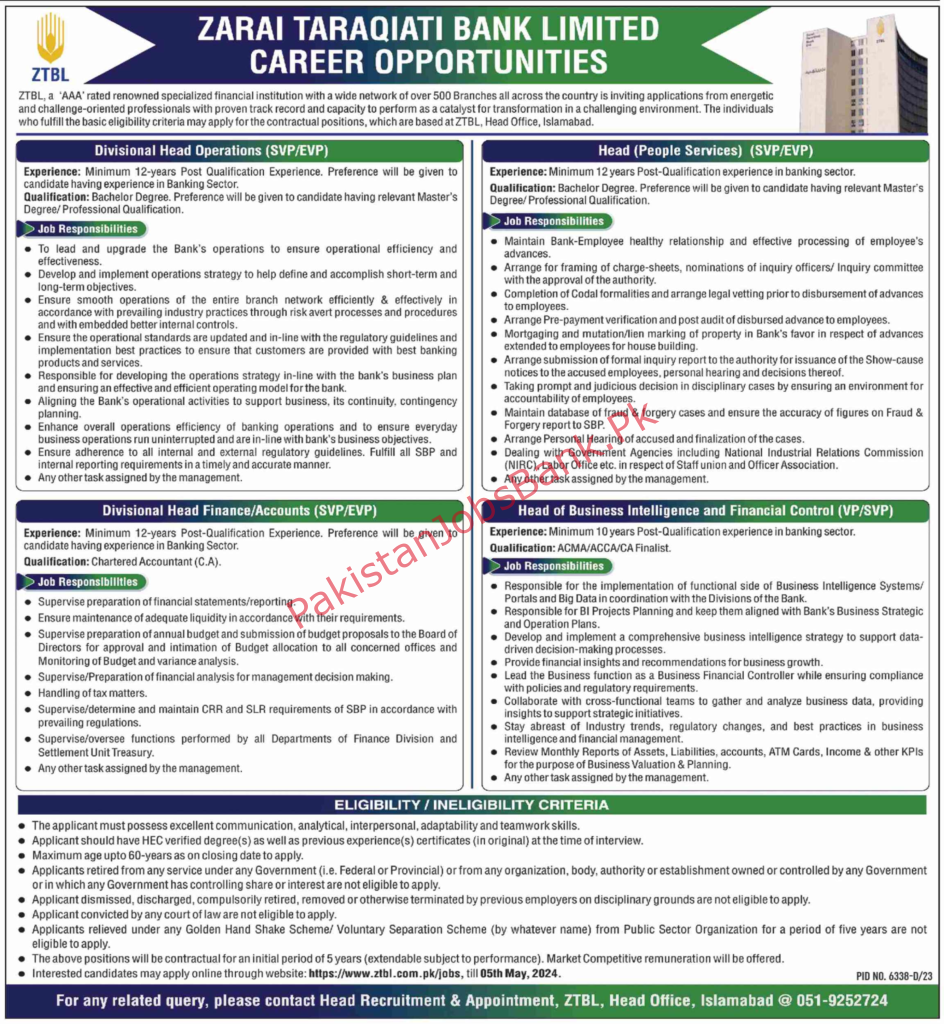 Zarai Tarqiati Bank Limited ZTBL Jobs 2024 via Jobsbankpakistan