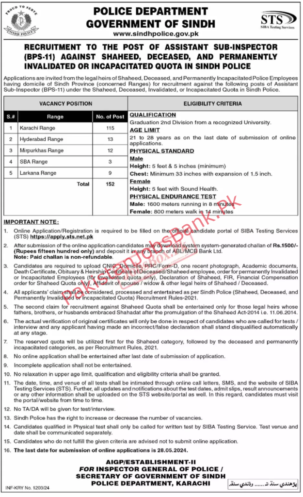 Police Constable & Police Sindh ASI Jobs | STS Online Application Form via apply.sts.net.pk