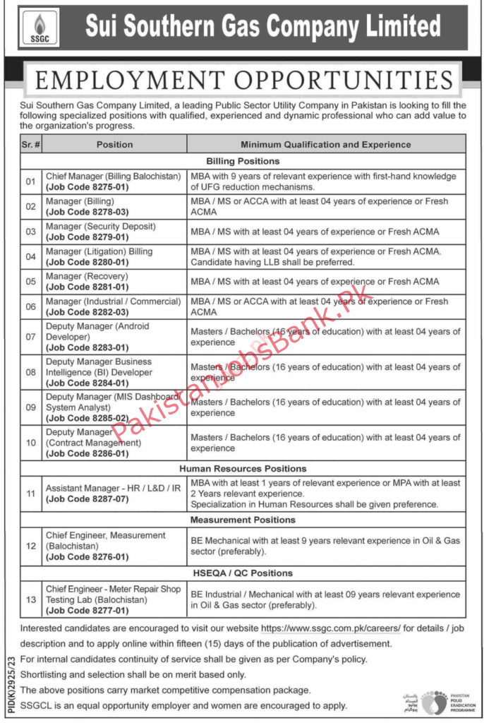 Government Jobs in Pakistan Today – Sui Southern Gas Company Limited SSGC Jobs 2023